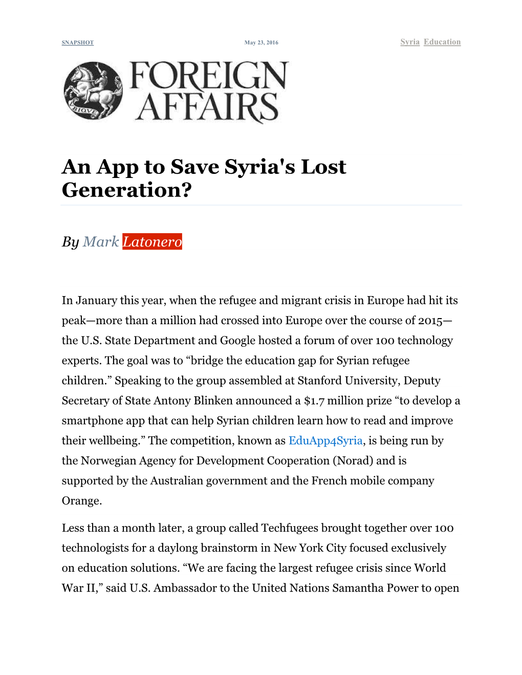 An App to Save Syria's Lost Generation?
