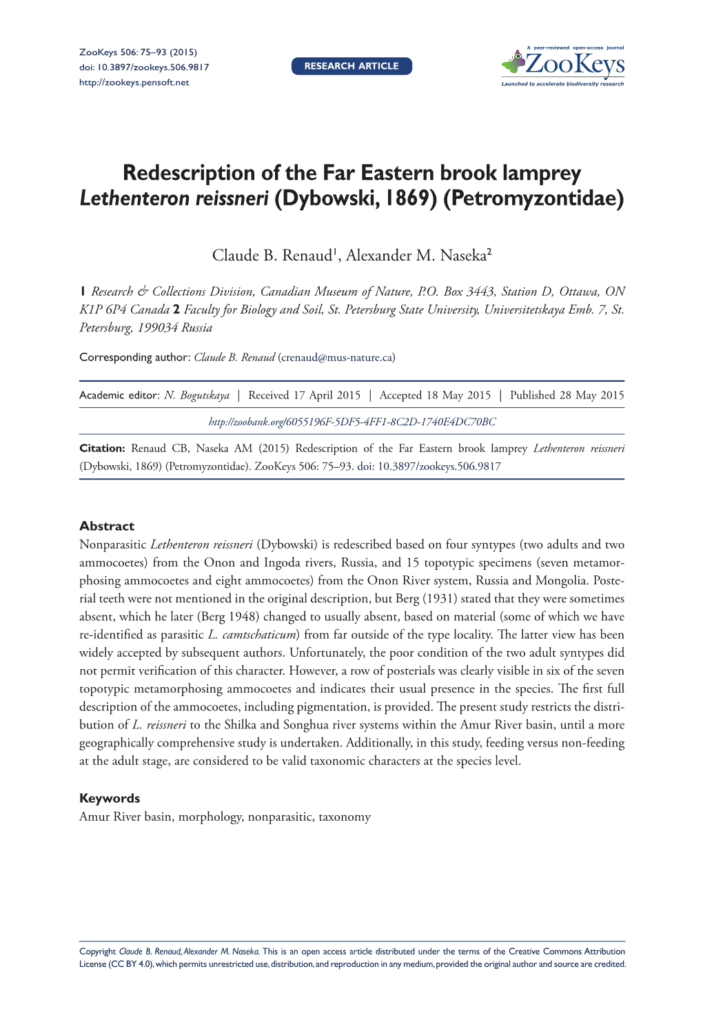 Redescription of the Far Eastern Brook Lamprey Lethenteron Reissneri (Dybowski, 1869) (Petromyzontidae)