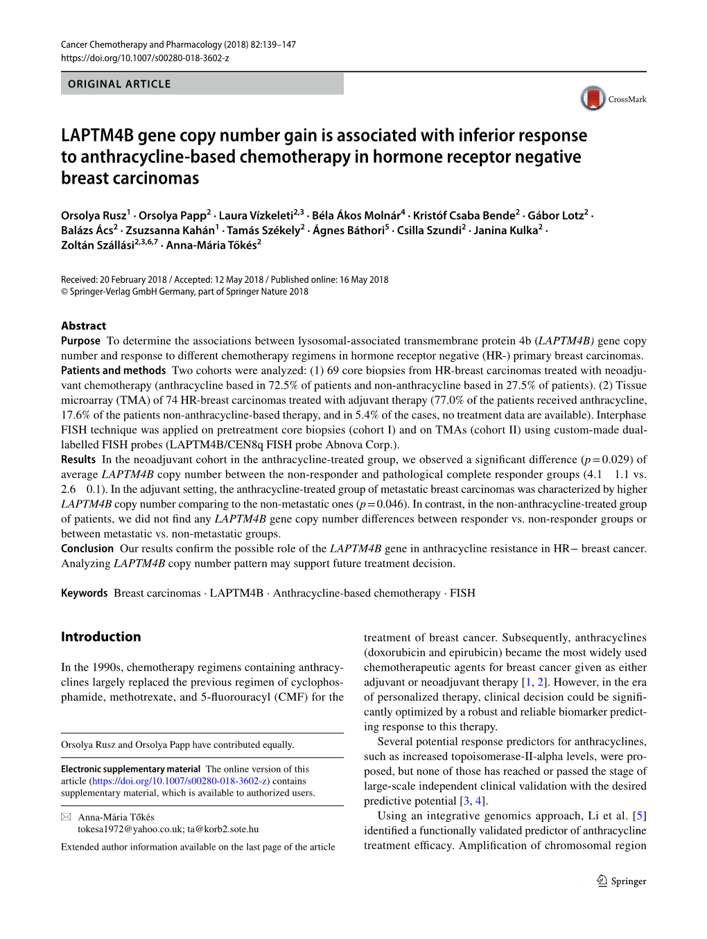 LAPTM4B Gene Copy Number Gain Is Associated with Inferior Response to Anthracycline-Based Chemotherapy in Hormone Receptor Negative Breast Carcinomas
