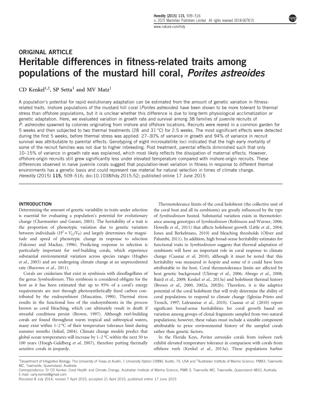 Heritable Differences in Fitness-Related Traits Among Populations of The