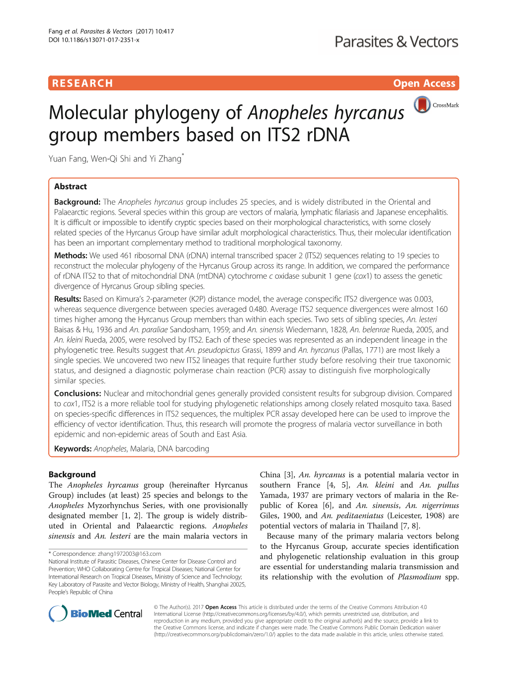 Molecular Phylogeny of Anopheles Hyrcanus Group Members Based on ITS2 Rdna Yuan Fang, Wen-Qi Shi and Yi Zhang*