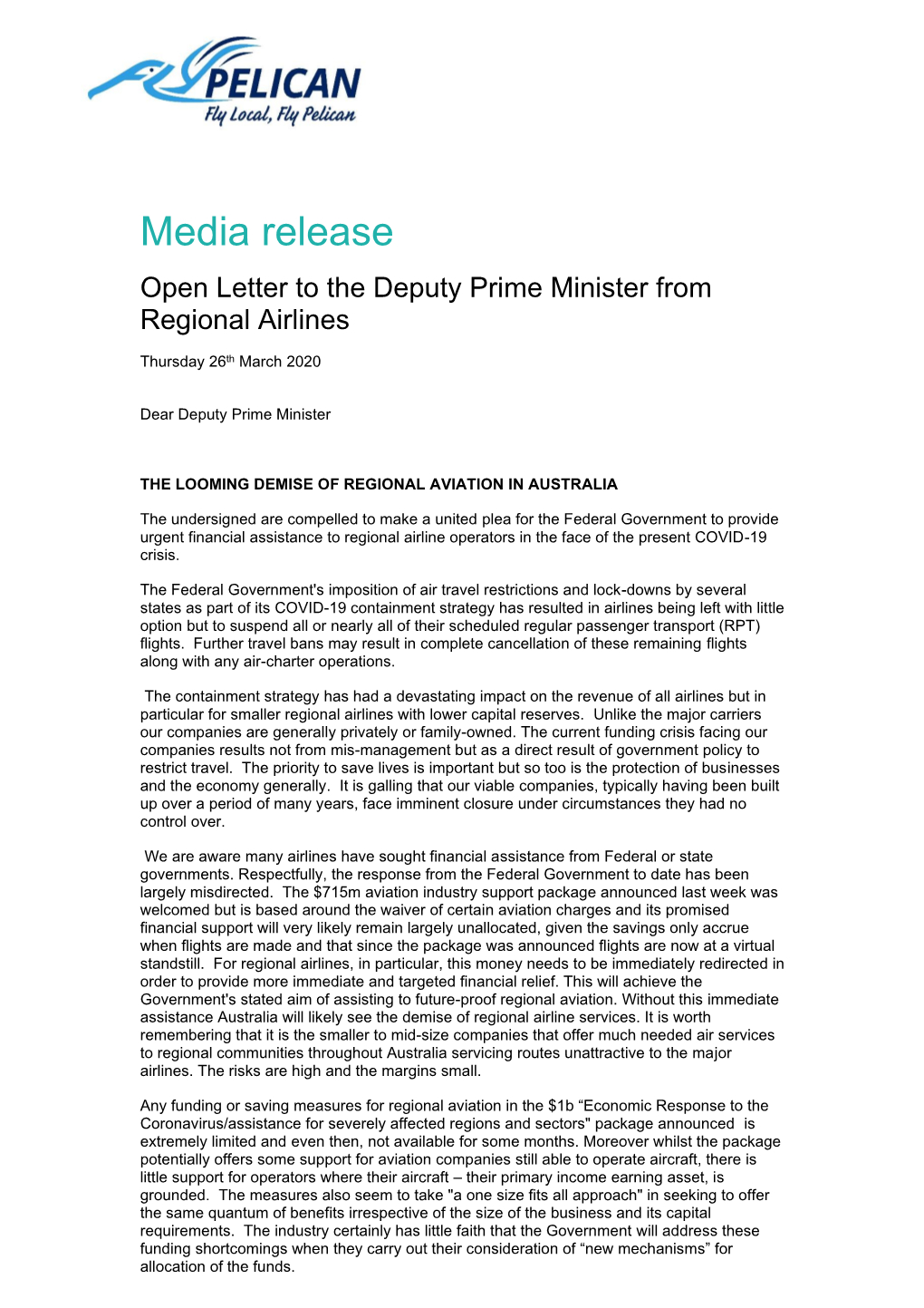 Media Release Open Letter to the Deputy Prime Minister from Regional Airlines