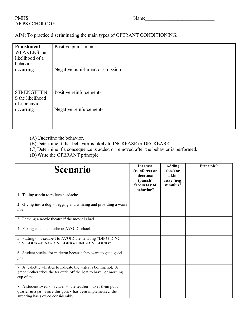 AIM: to Practice Discriminating the Main Types of OPERANT CONDITIONING