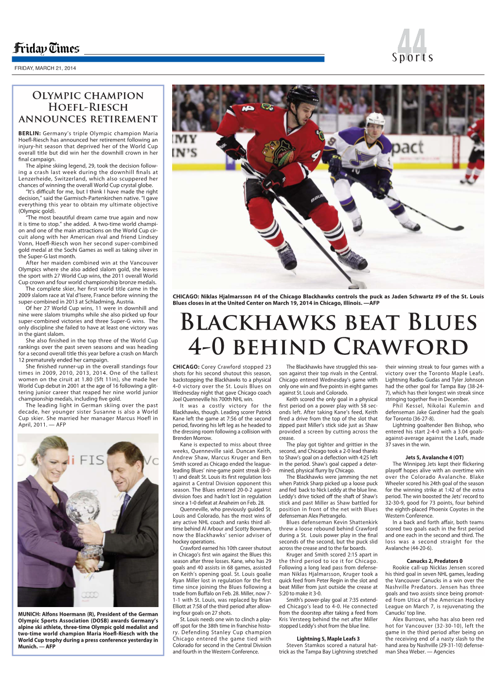 Blackhawks Beat Blues 4-0 Behind Crawford