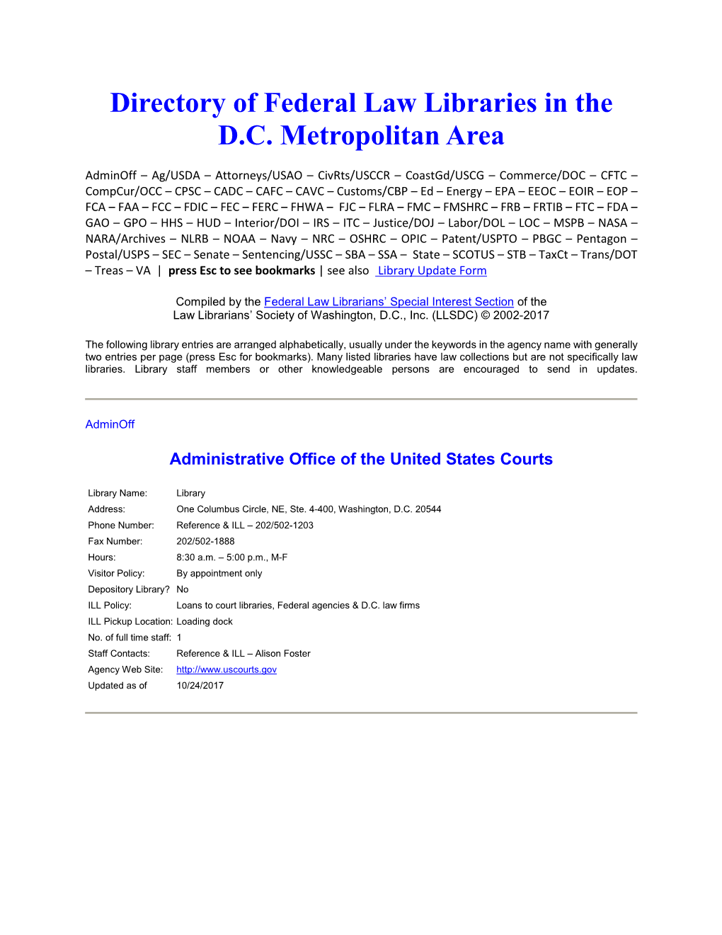 Directory of Federal Law Libraries in the D.C. Metropolitan Area