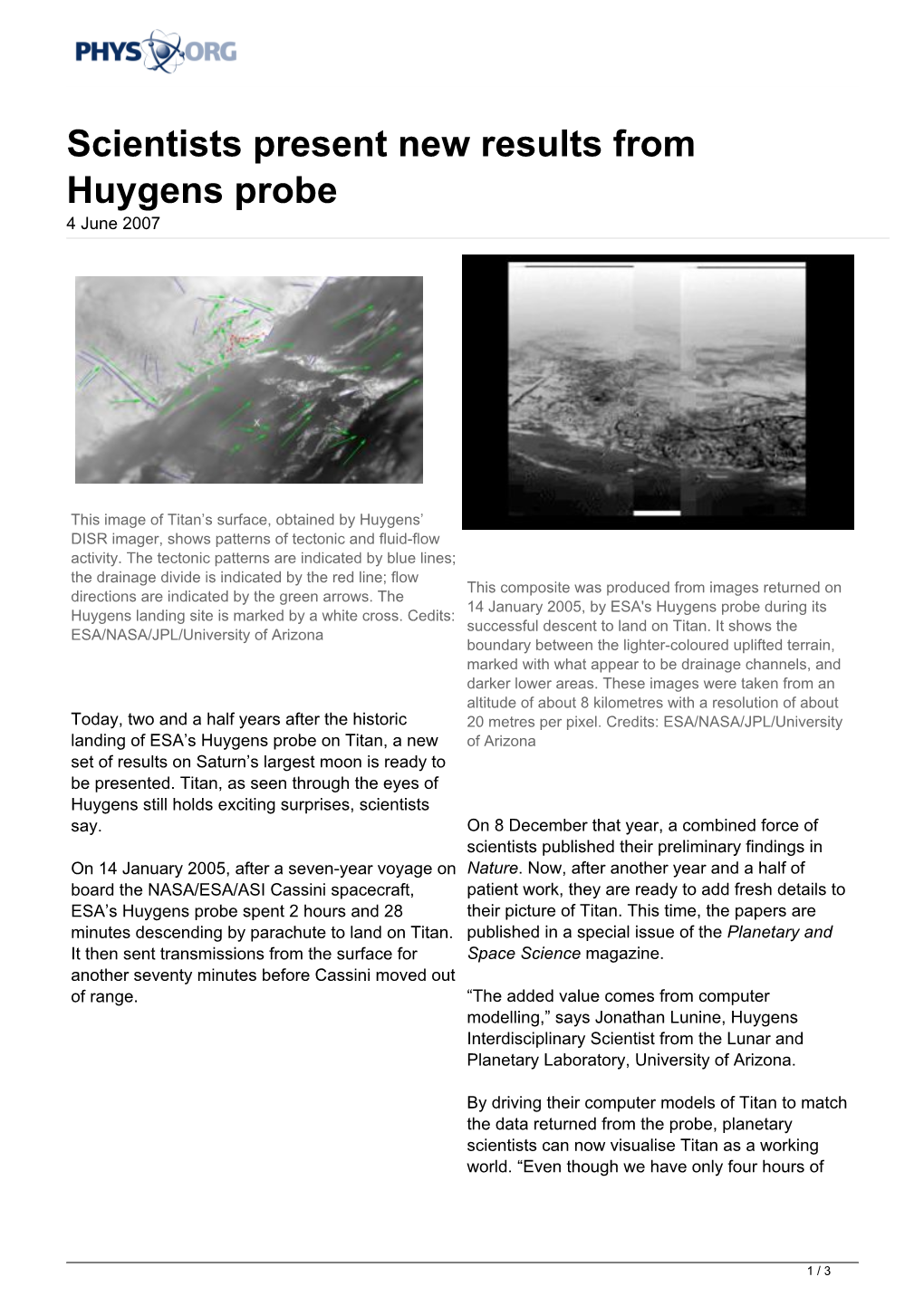 Scientists Present New Results from Huygens Probe 4 June 2007