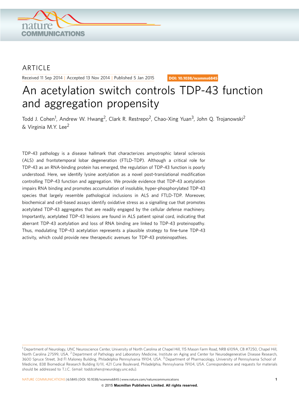 An Acetylation Switch Controls TDP-43 Function and Aggregation Propensity