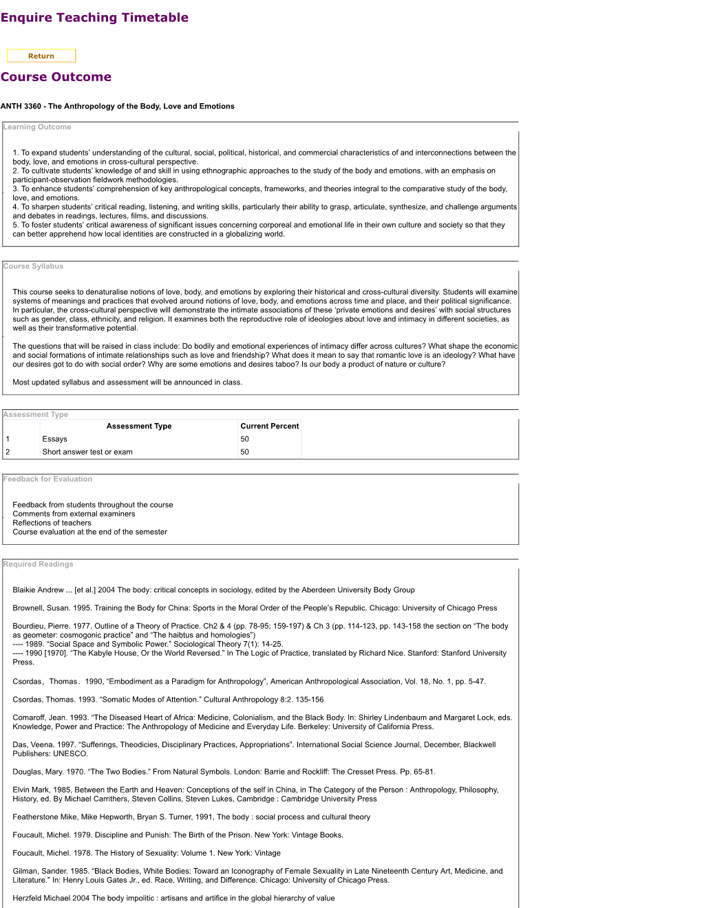 Enquire Teaching Timetable Course Outcome