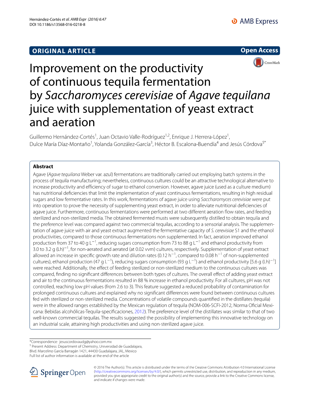 Improvement on the Productivity of Continuous Tequila Fermentation By