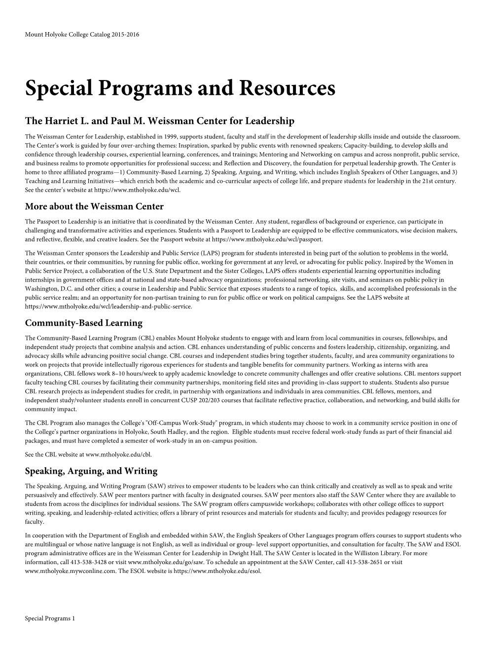 Special Programs and Resources