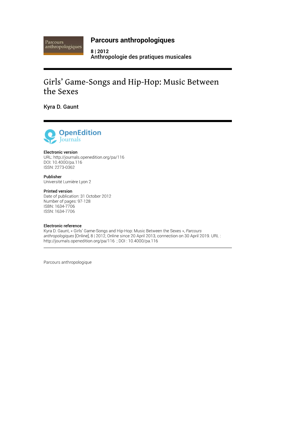 Girls' Game-Songs and Hip-Hop: Music Between the Sexes