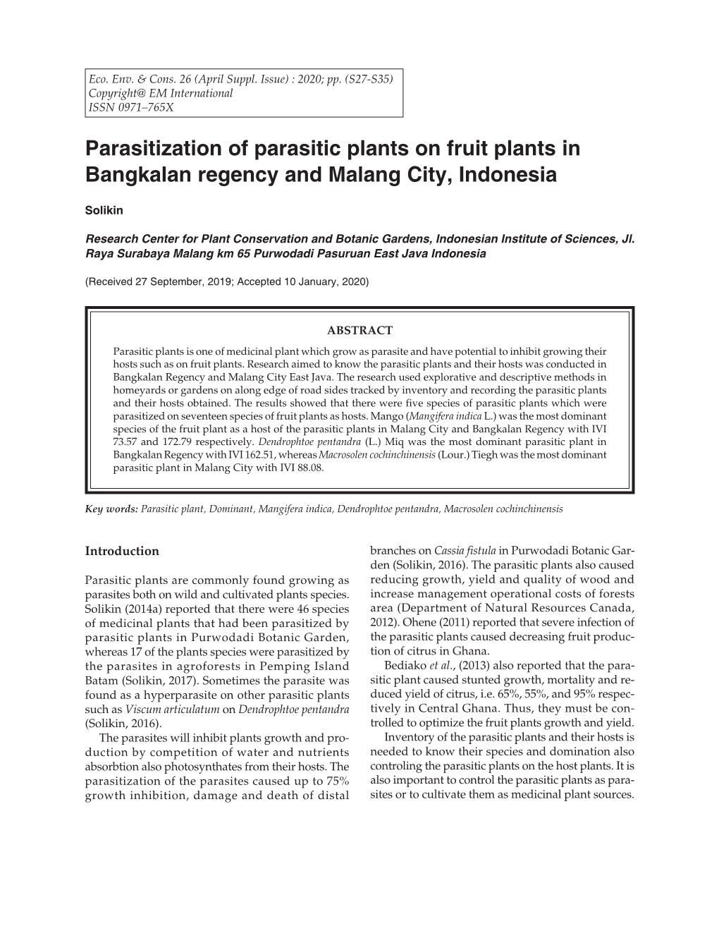 Parasitization of Parasitic Plants on Fruit Plants in Bangkalan Regency and Malang City, Indonesia