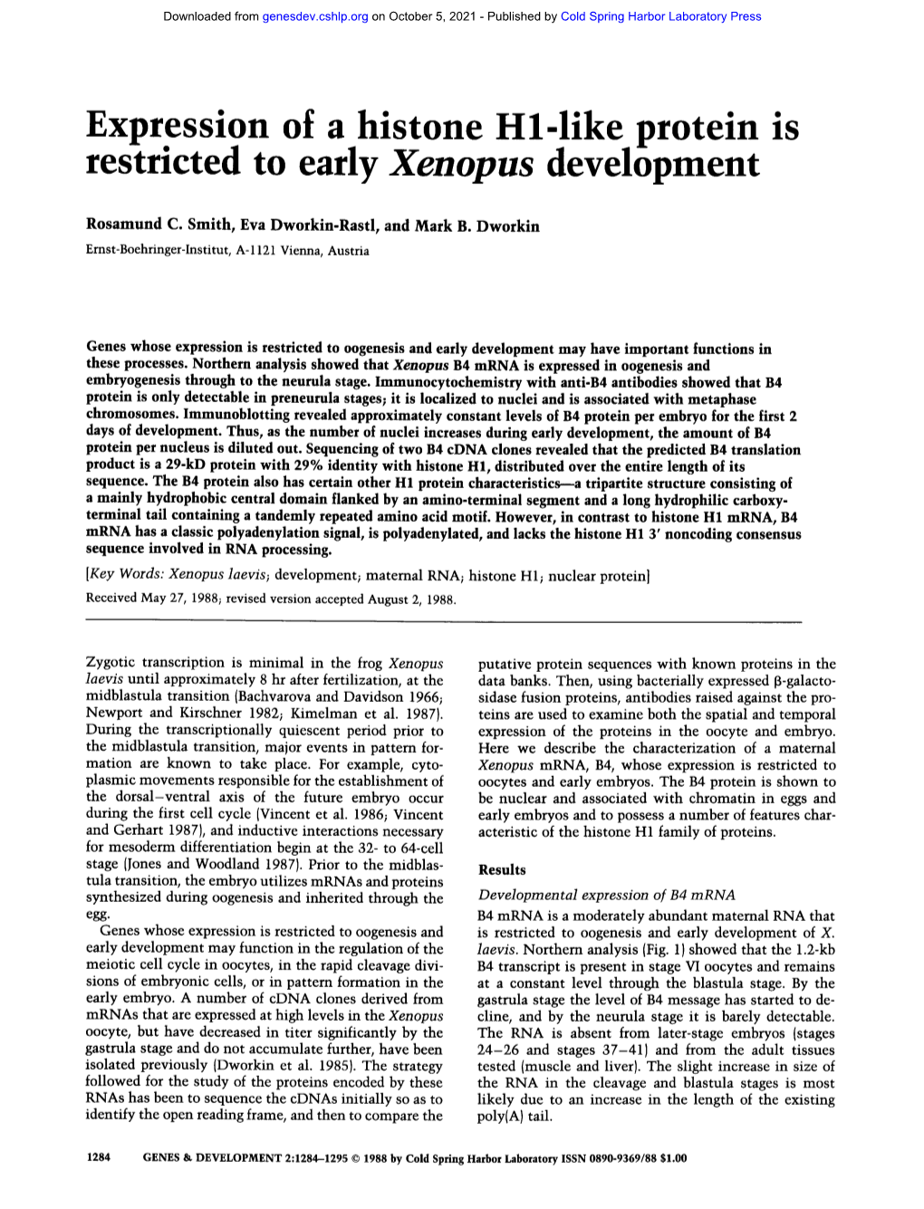 Expression of a Histone H L-Like Protein Is Restricted to Early Xenopus Development