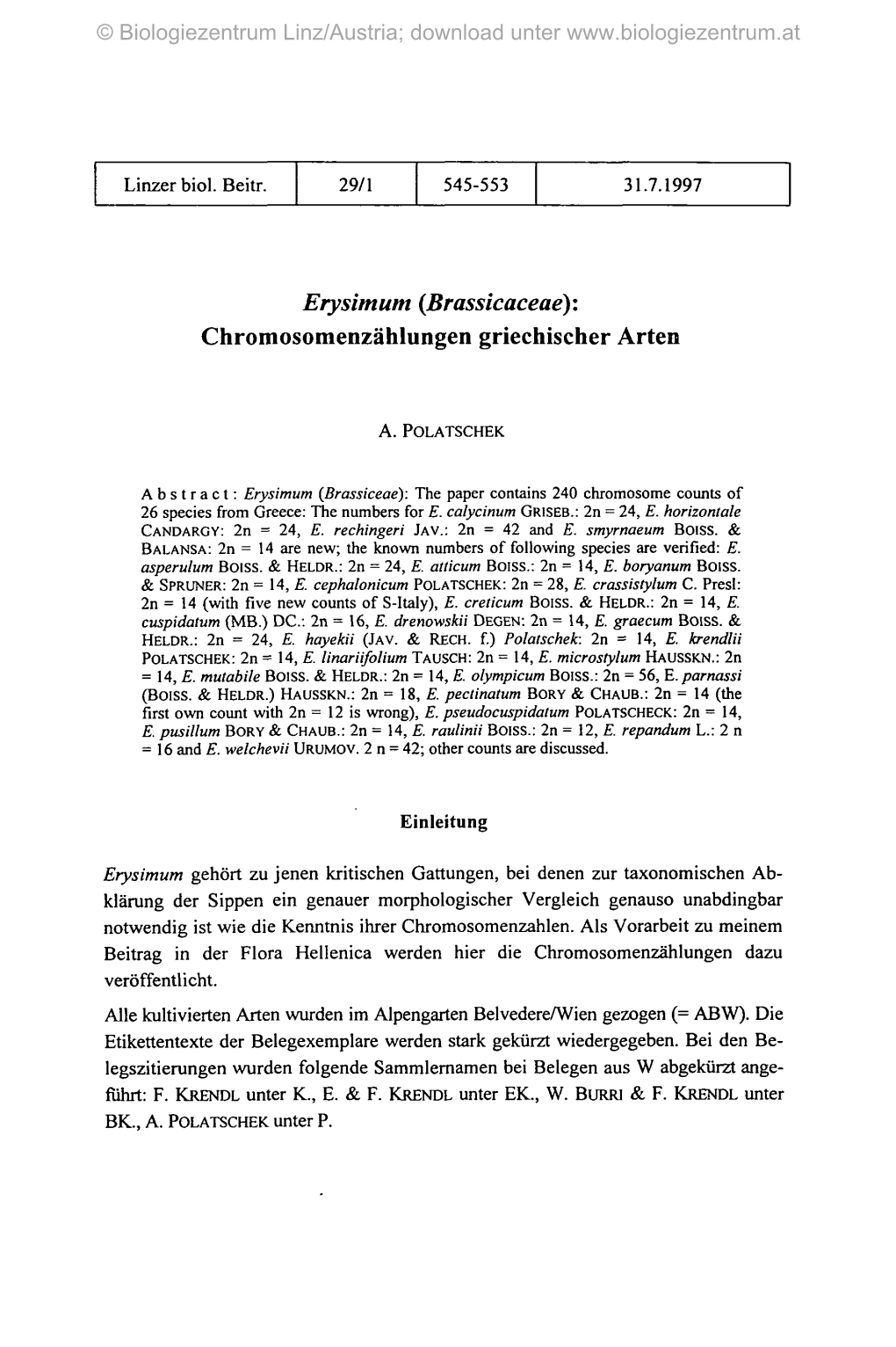 Erysimum (Brassicaceae): Chromosomenzählungen Griechischer Arten