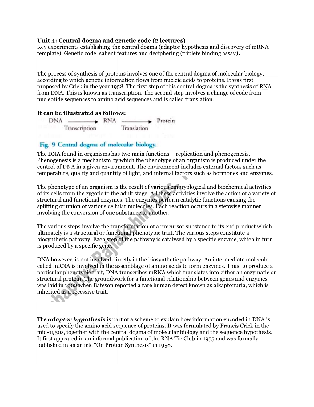 Unit 4: Central Dogma and Genetic Cod Key Experiments Establishing-The