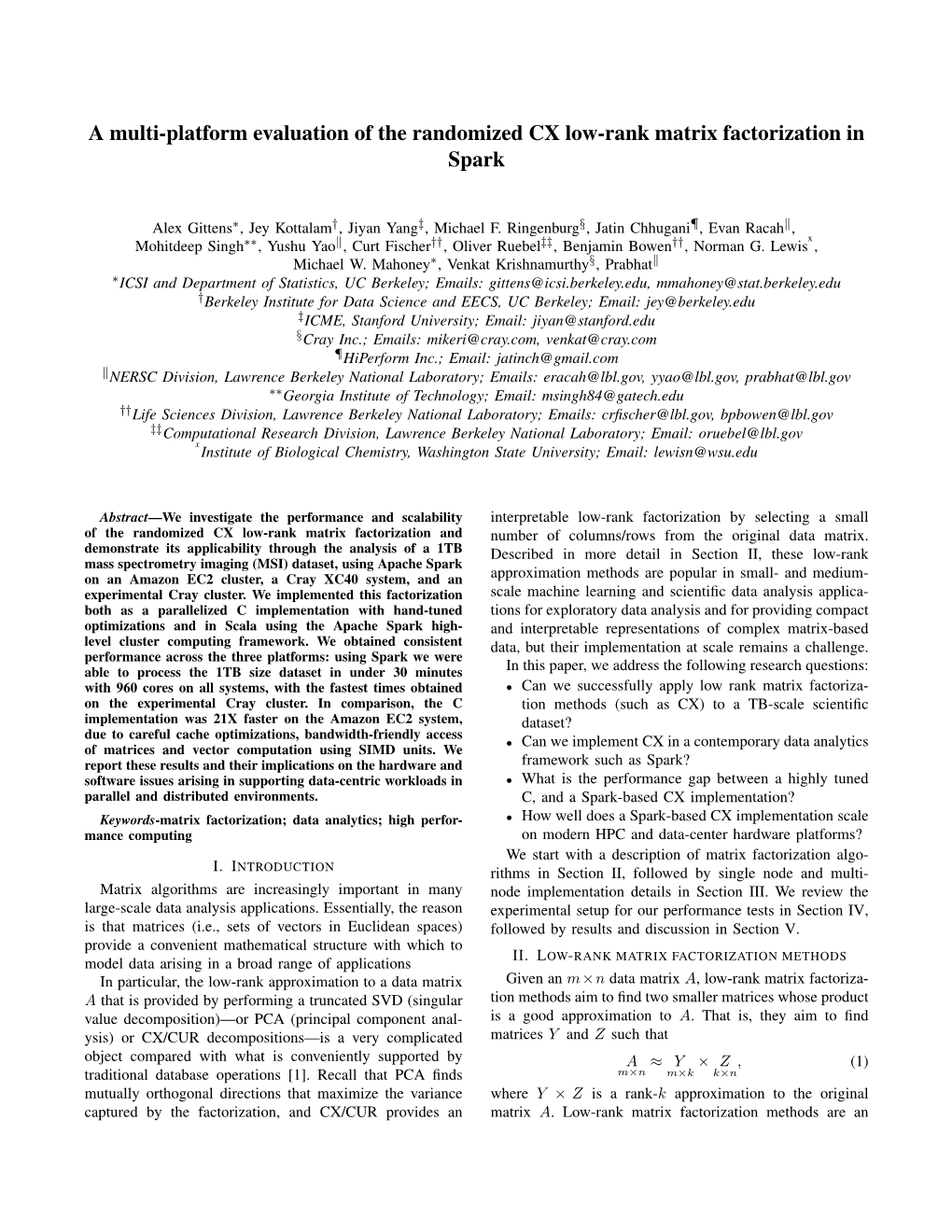 A Multi-Platform Evaluation of the Randomized CX Low-Rank Matrix Factorization in Spark