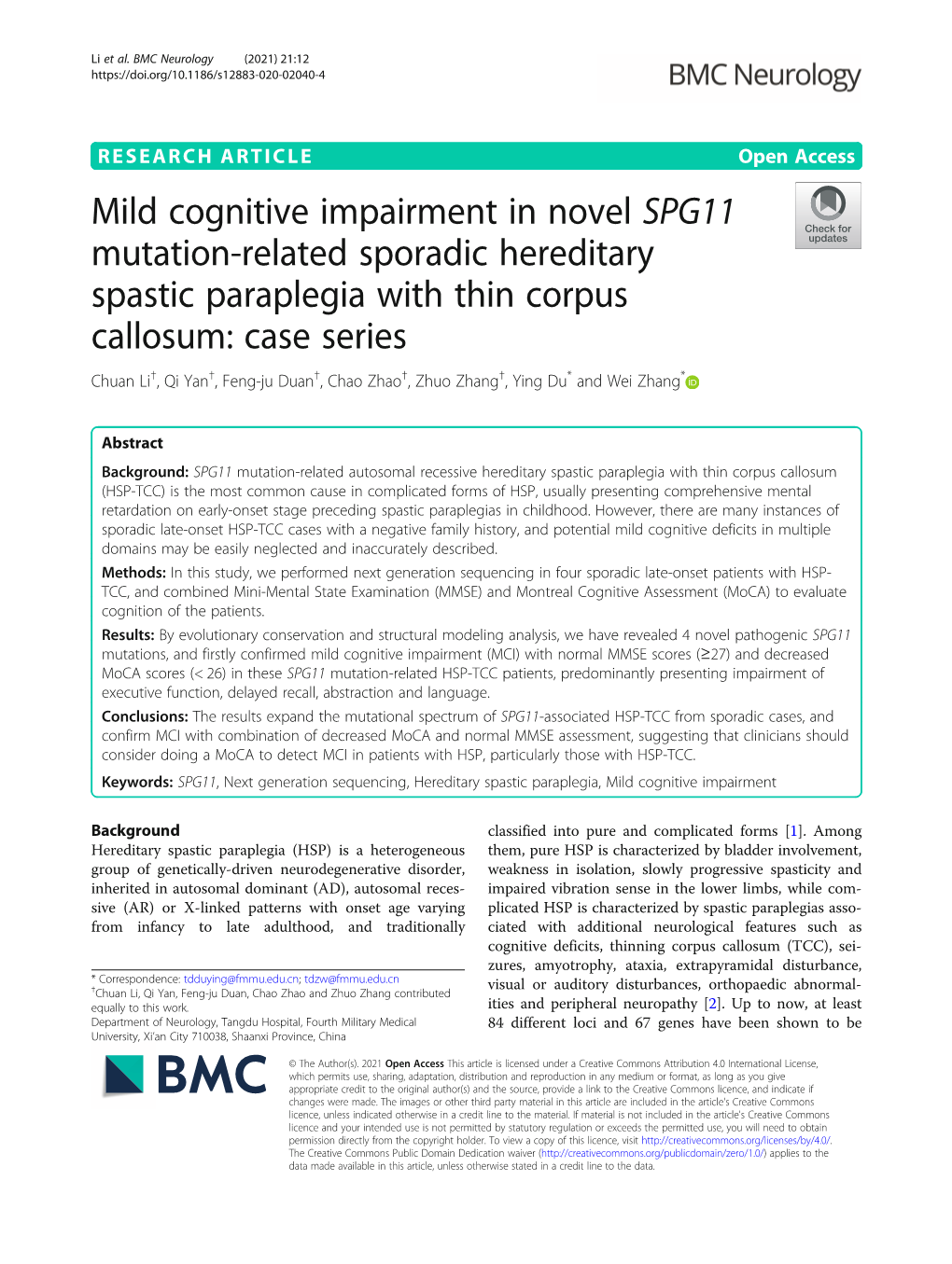 Mild Cognitive Impairment in Novel SPG11 Mutation-Related Sporadic Hereditary Spastic Paraplegia with Thin Corpus Callosum