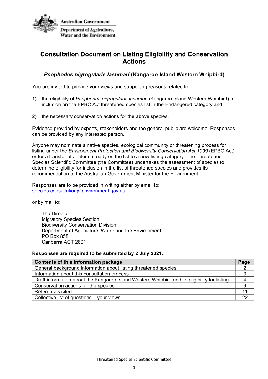 Consultation Document on Listing Eligibility and Conservation Actions