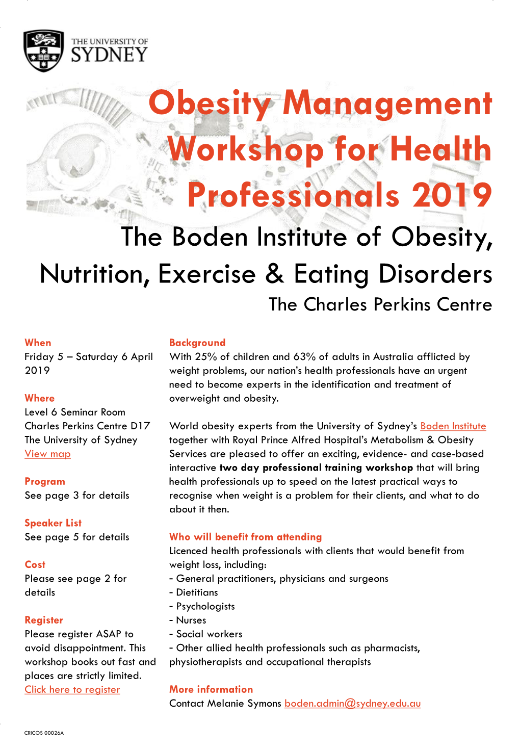 Obesity Management Workshop for Health Professionals 2019 the Boden Institute of Obesity, Nutrition, Exercise & Eating Disorders the Charles Perkins Centre