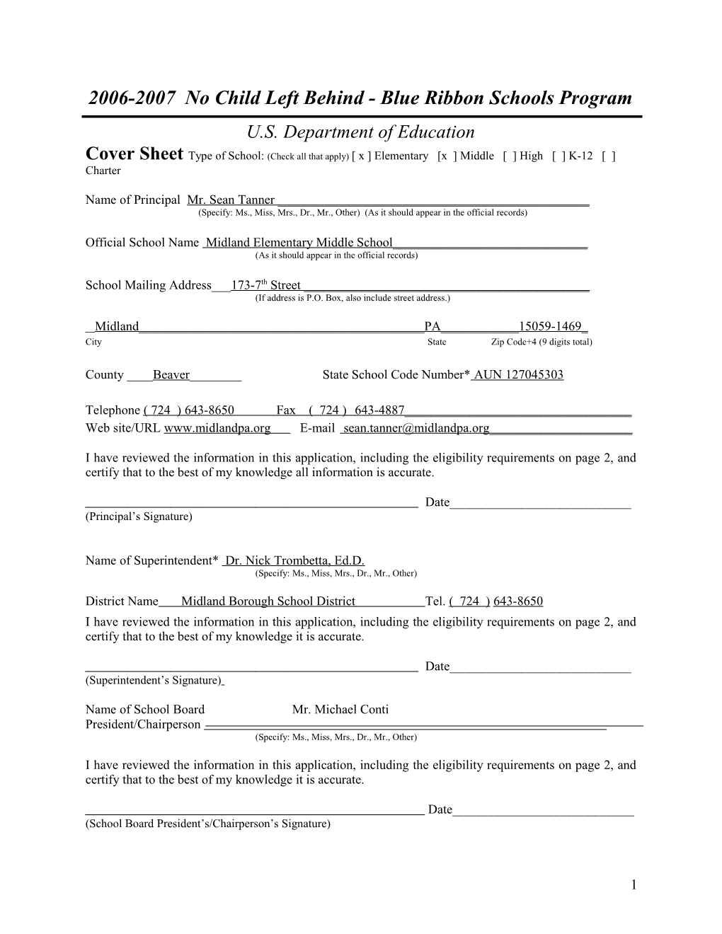 Application: 2006-2007, No Child Left Behind - Blue Ribbon Schools Program (MS Word)