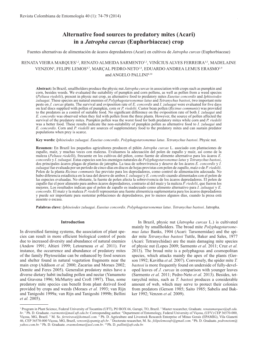 Alternative Food Sources to Predatory Mites (Acari) in a Jatropha Curcas (Euphorbiaceae) Crop