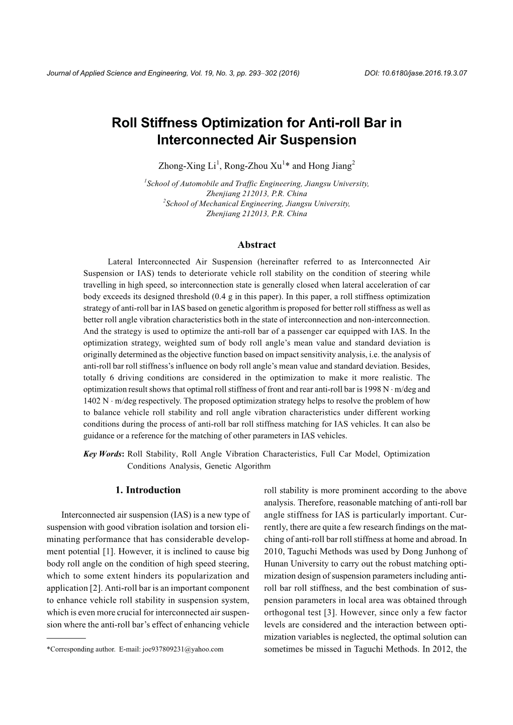 Roll Stiffness Optimization for Anti-Roll Bar in Interconnected Air Suspension