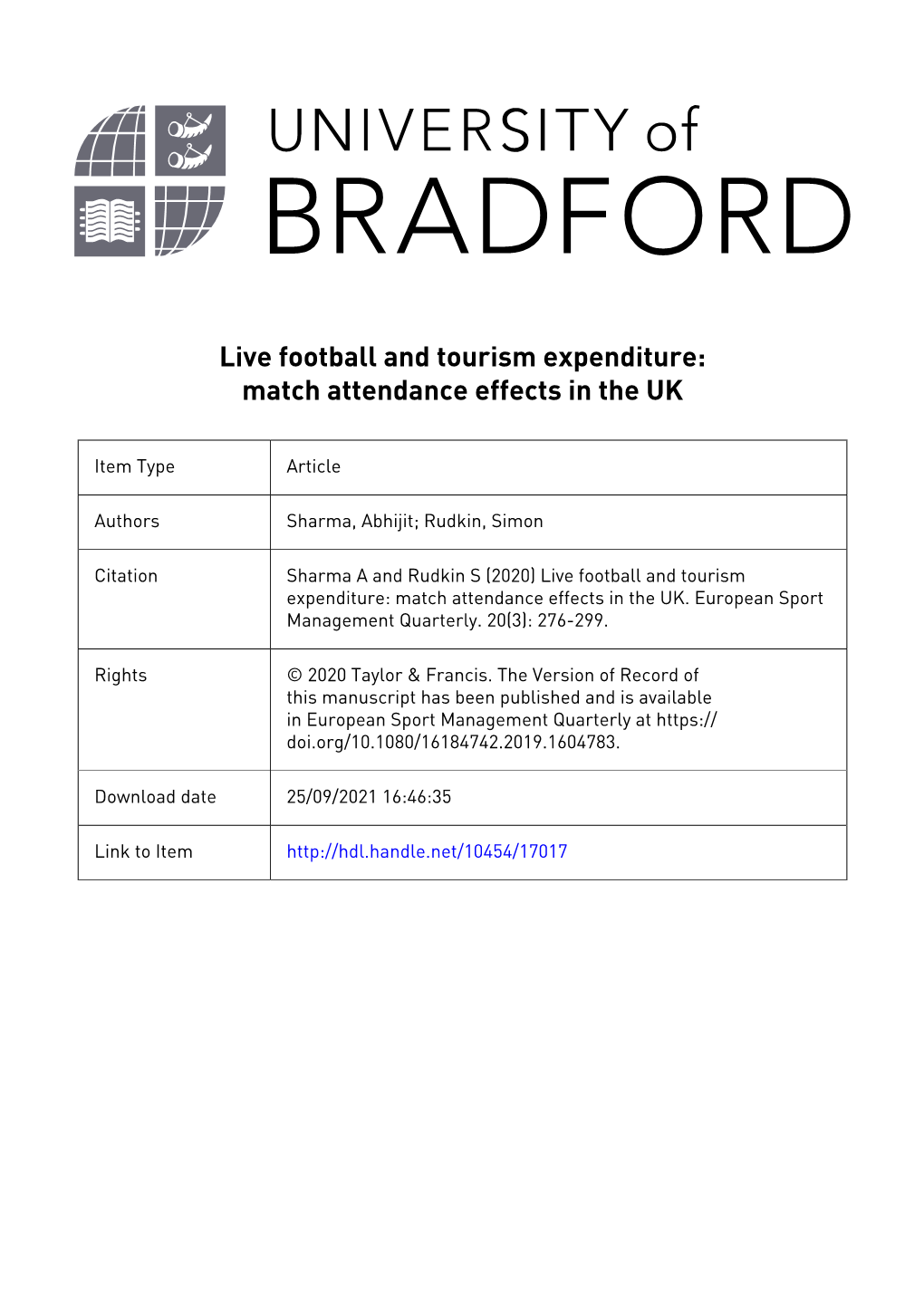 Live Football and Tourism Expenditure: Match Attendance Effects in the UK