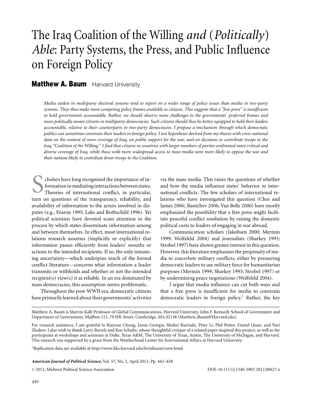 The Iraq Coalition of the Willing and (Politically) Able: Party Systems, the Press, and Public Inﬂuence on Foreign Policy