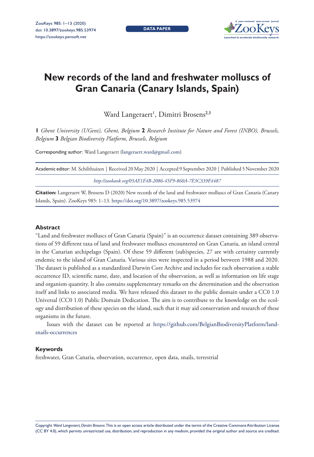 New Records of the Land and Freshwater Molluscs of Gran Canaria (Canary Islands, Spain)