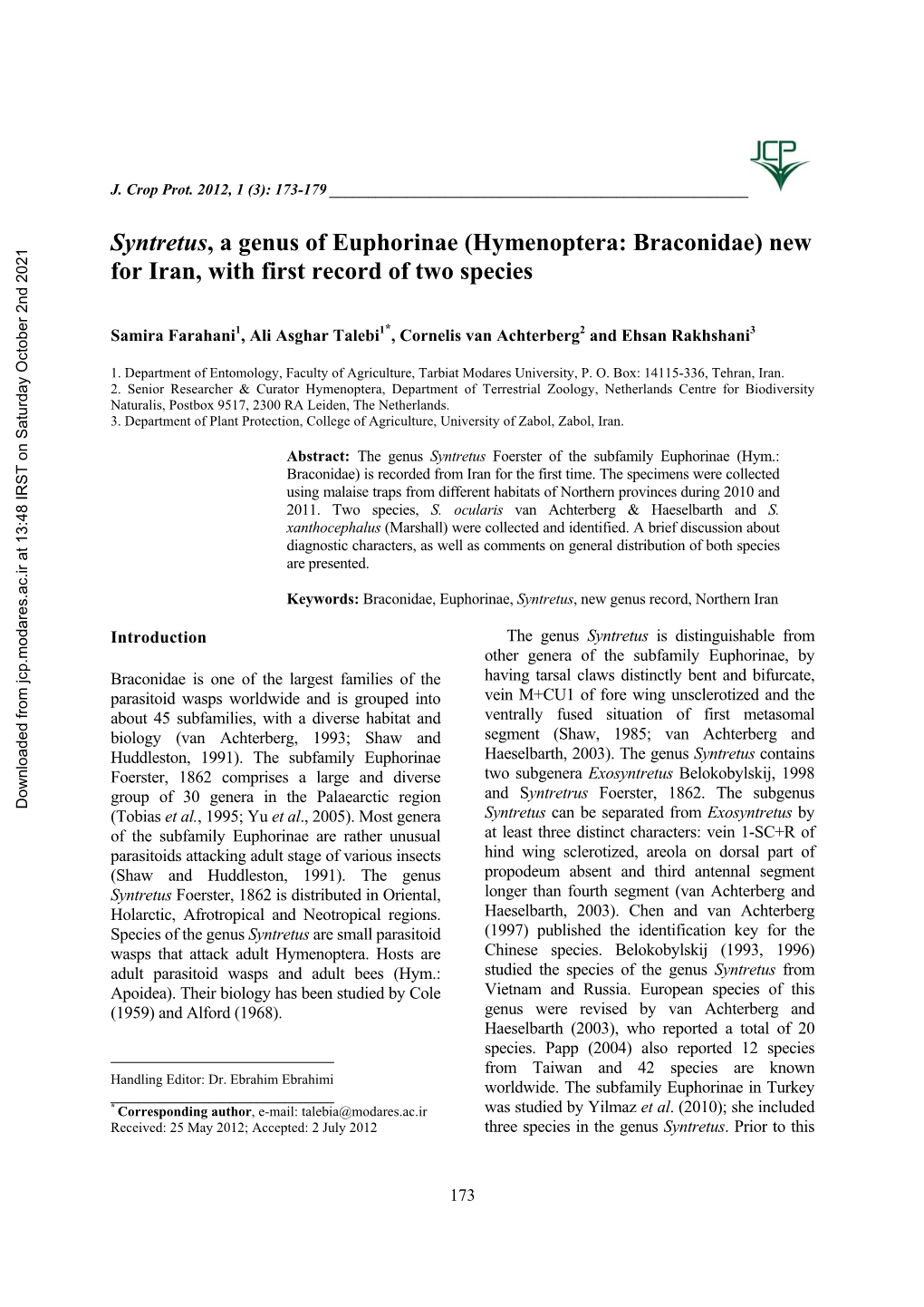 Syntretus, a Genus of Euphorinae (Hymenoptera: Braconidae) New for Iran, with First Record of Two Species