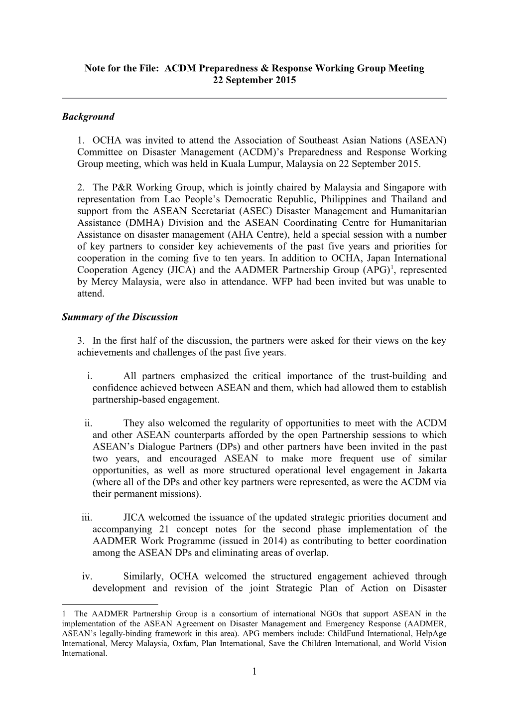 Note for the File: ACDM Preparedness & Response Working Group Meeting