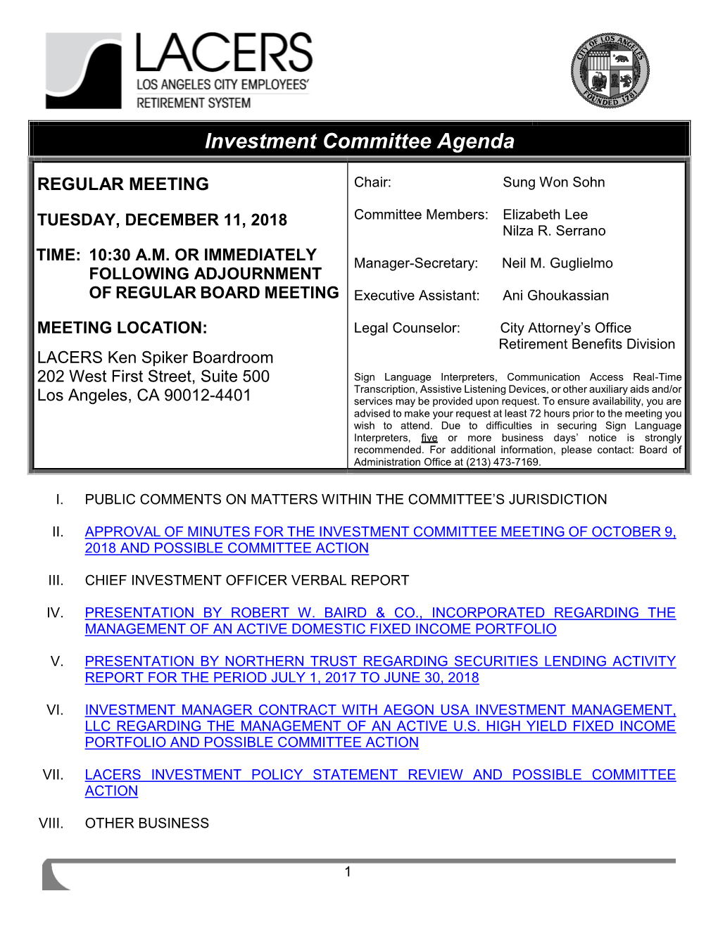 Investment Committee Agenda