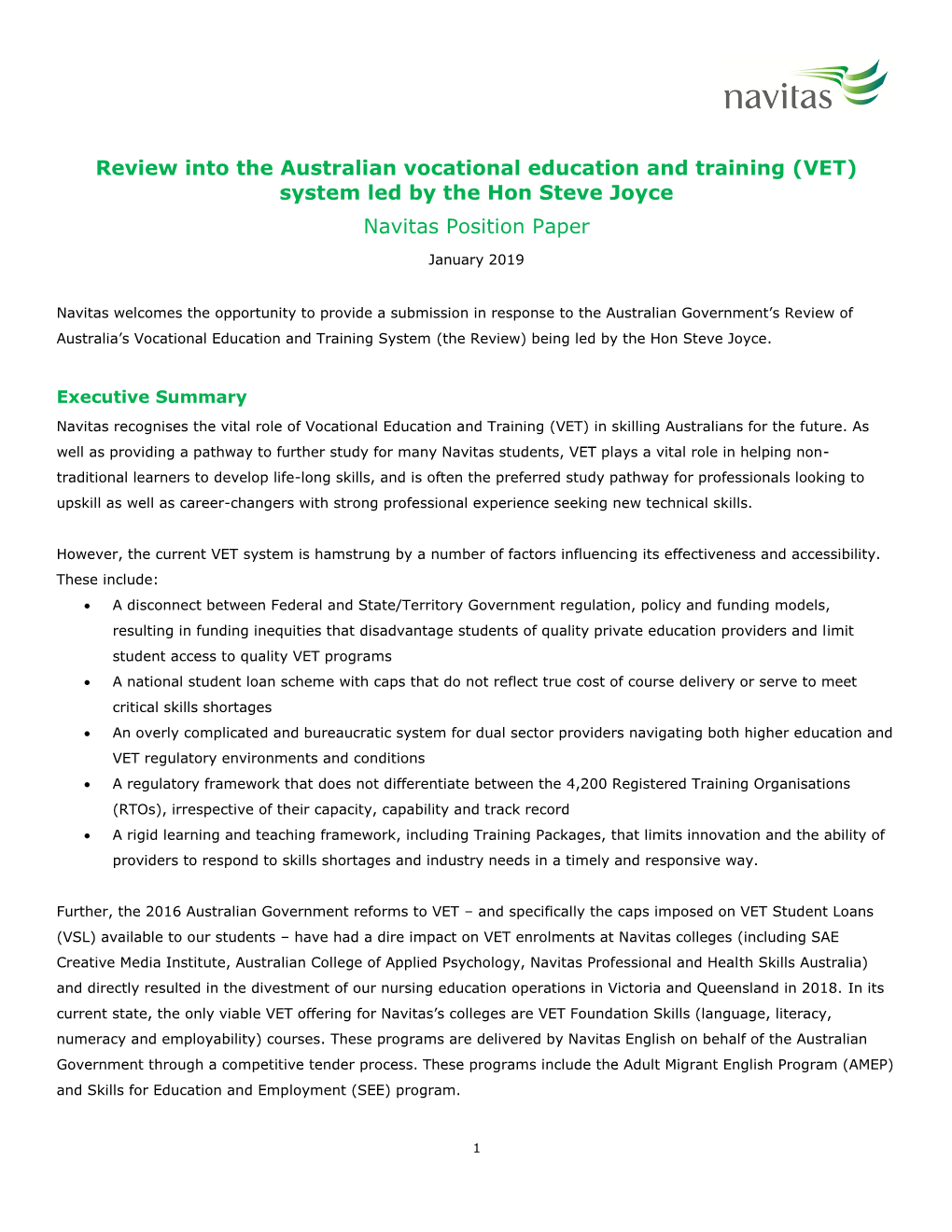 Review Into the Australian Vocational Education and Training (VET) System Led by the Hon Steve Joyce Navitas Position Paper