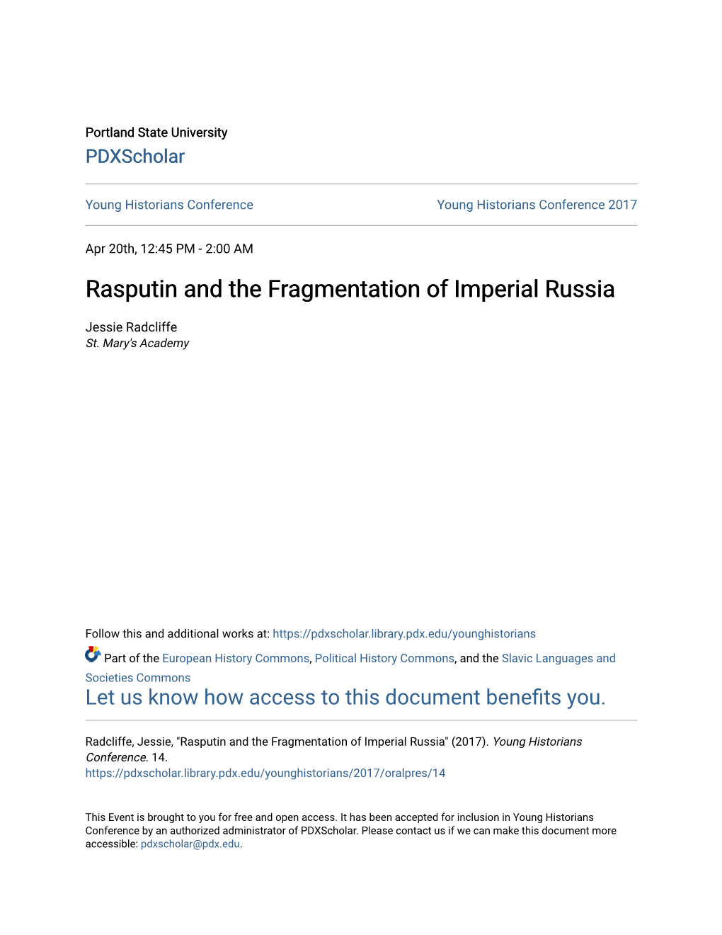 Rasputin and the Fragmentation of Imperial Russia