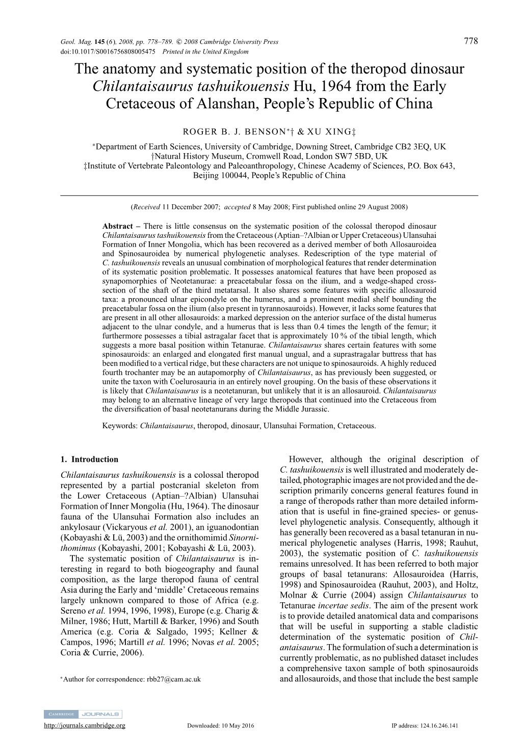 The Anatomy and Systematic Position of the Theropod Dinosaur Chilantaisaurus Tashuikouensis Hu, 1964 from the Early Cretaceous of Alanshan, People’S Republic of China