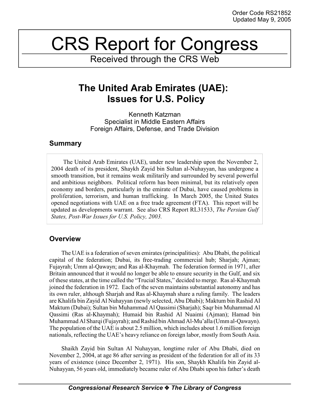 The United Arab Emirates (UAE): Issues for U.S