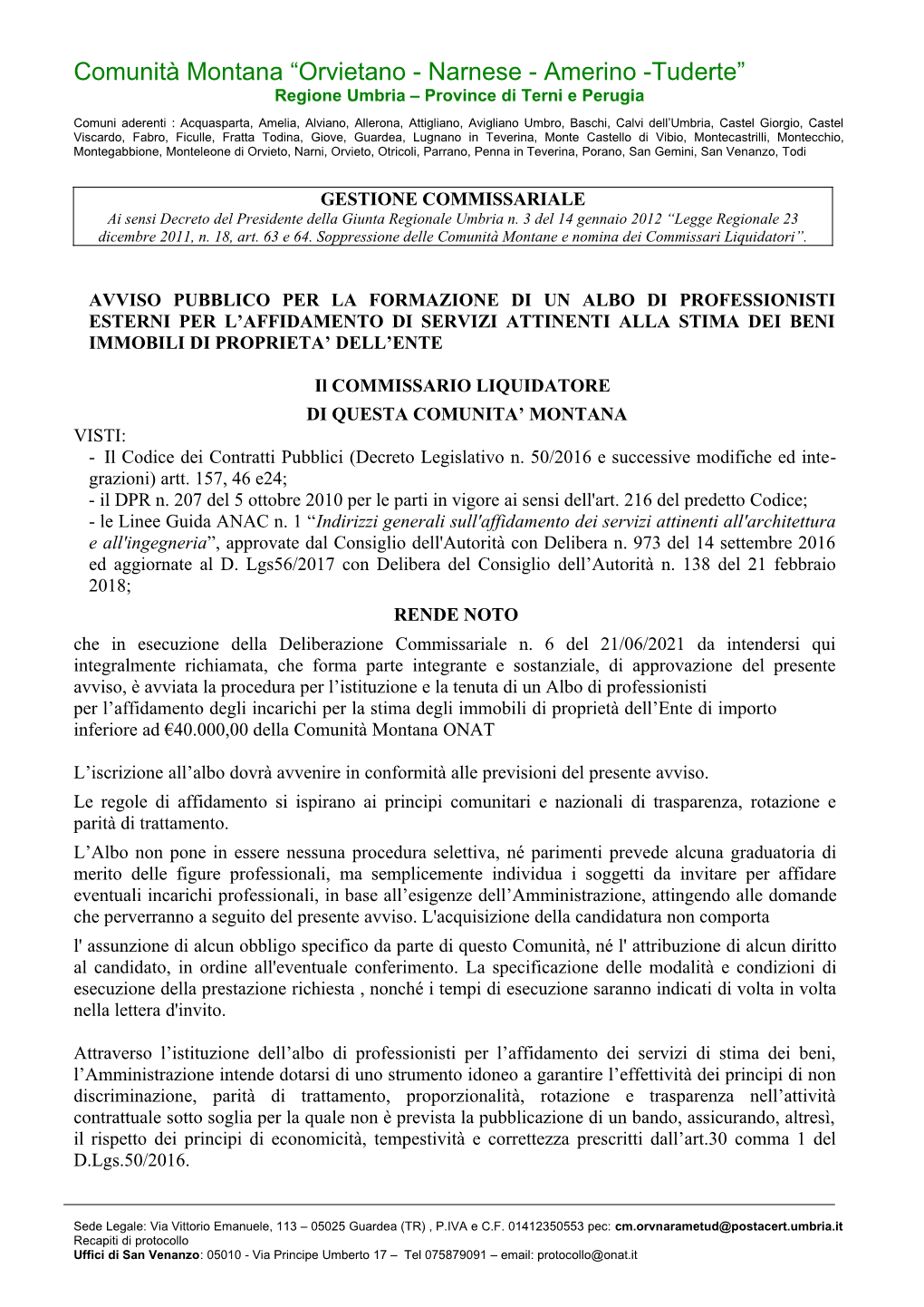 Comunità Montana “Orvietano - Narnese - Amerino -Tuderte” Regione Umbria – Province Di Terni E Perugia