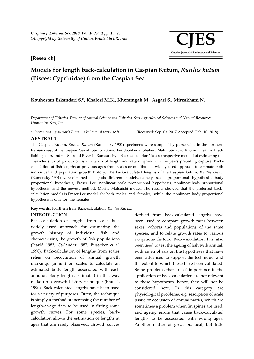 Models for Length Back-Calculation in Caspian Kutum, Rutilus Kutum (Pisces: Cyprinidae) from the Caspian Sea