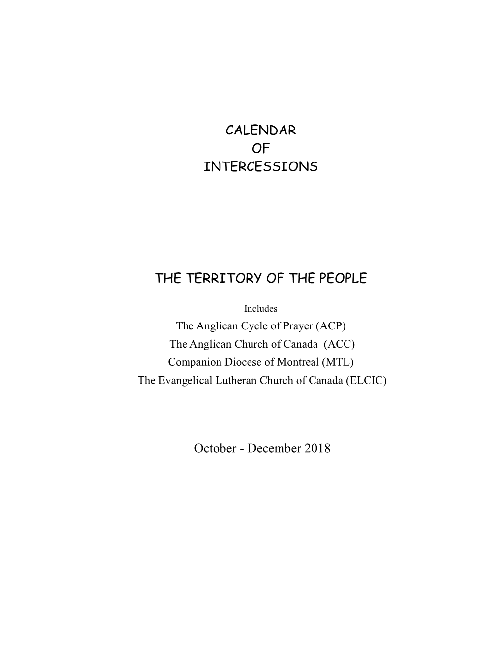 Calendar of Intercessions the Territory of the People