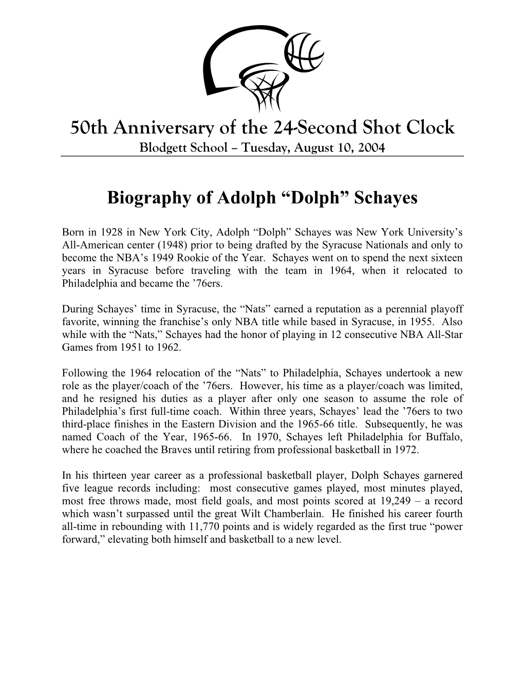 50Th Anniversary of the 24-Second Shot Clock Blodgett School – Tuesday, August 10, 2004