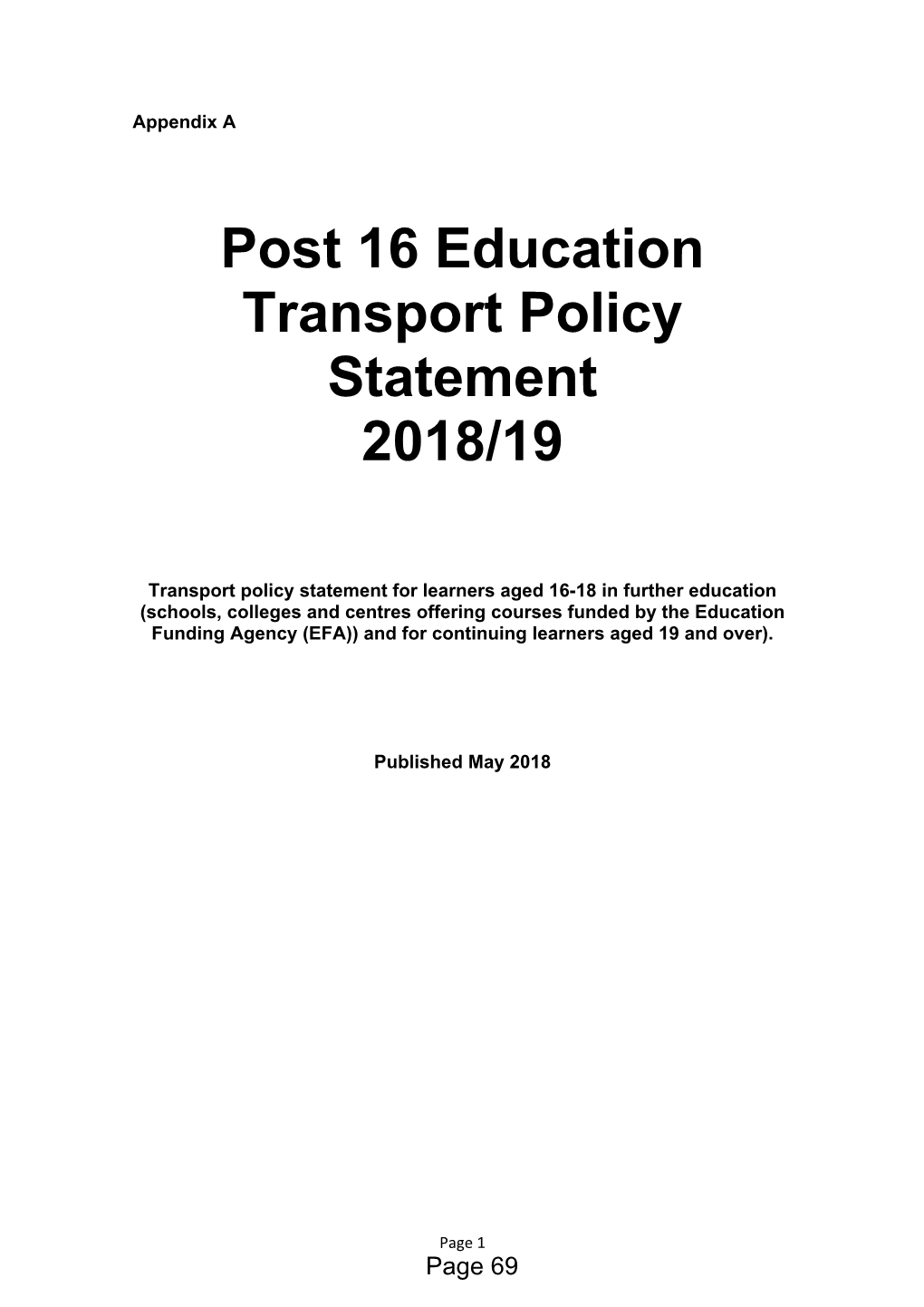 Post 16 Education Transport Policy Statement 2018/19