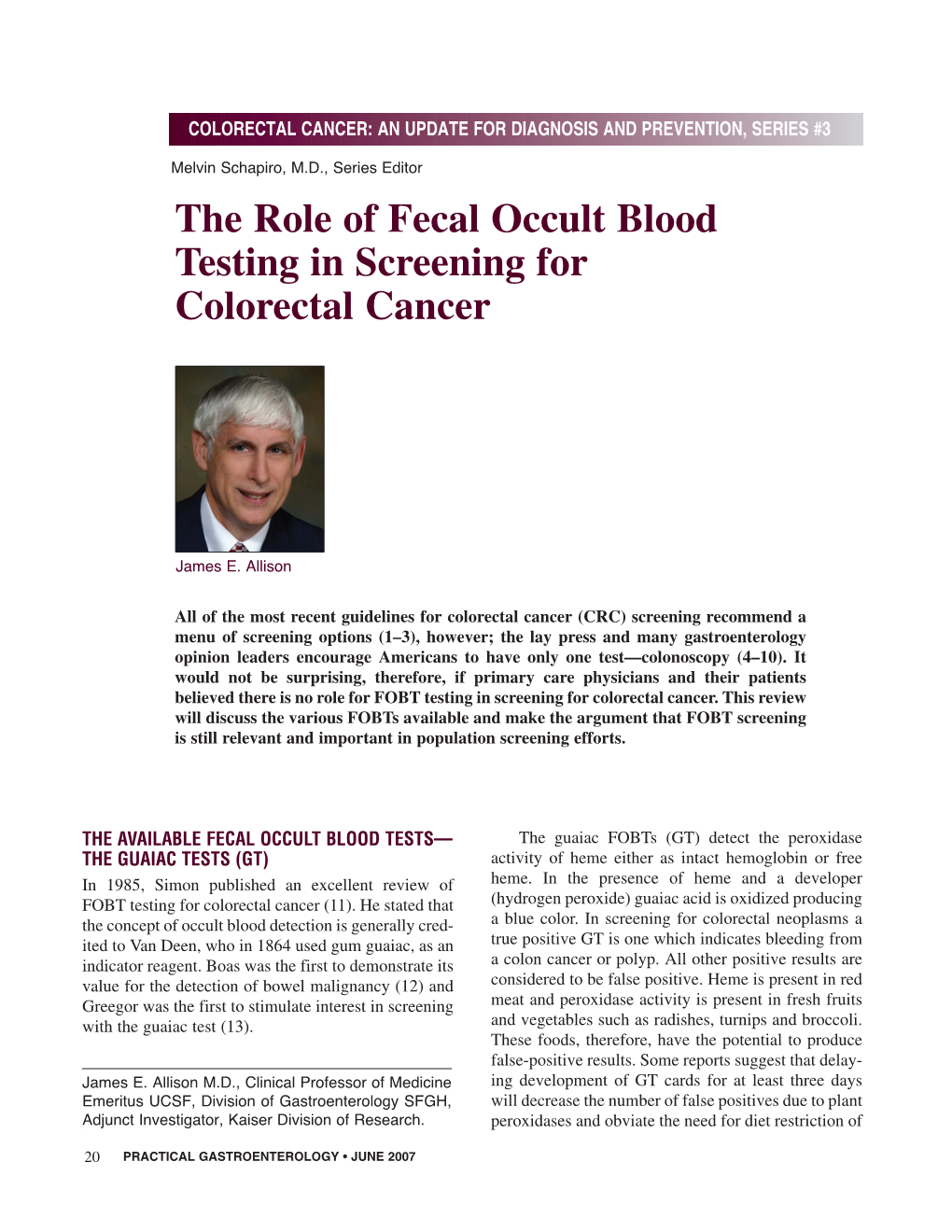 The Role of Fecal Occult Blood Testing in Screening for Colorectal Cancer