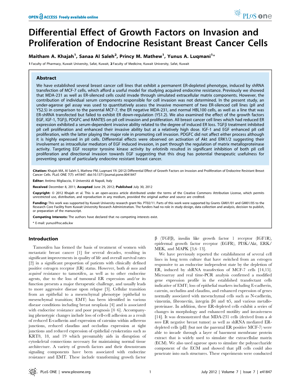 Differential Effect of Growth Factors on Invasion and Proliferation of Endocrine Resistant Breast Cancer Cells