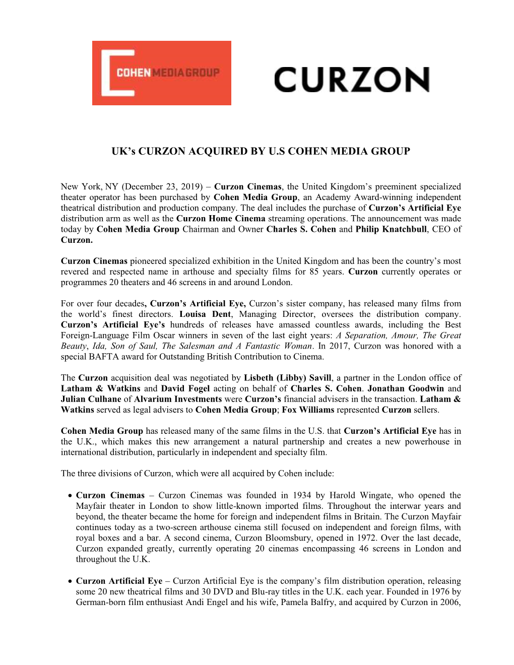 UK's CURZON ACQUIRED by U.S COHEN MEDIA GROUP