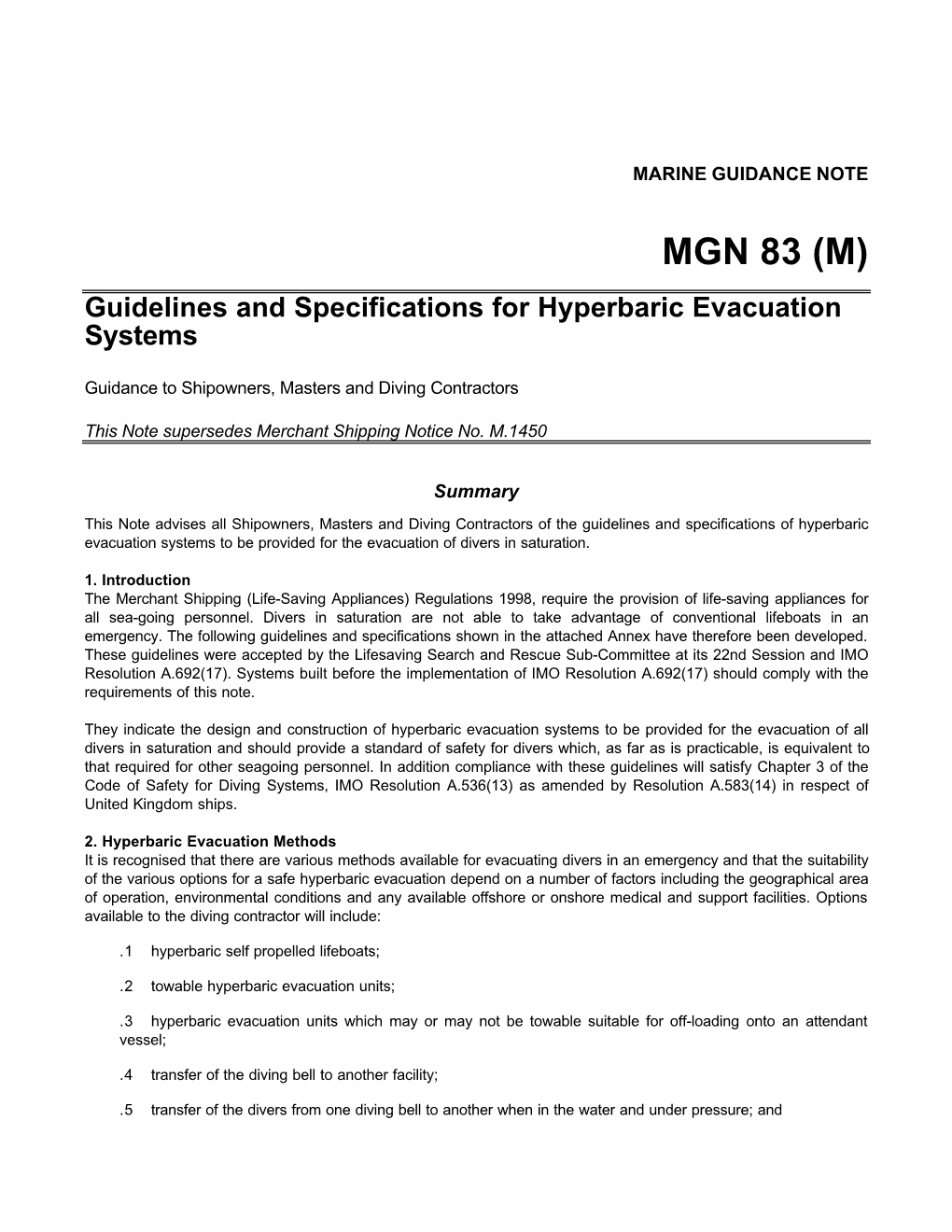MGN 83 (M) Guidelines and Specifications for Hyperbaric Evacuation Systems