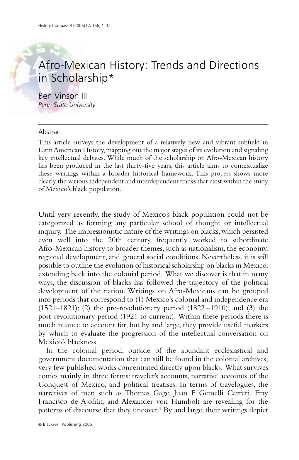 Afro-Mexican History: Trends and Directions in Scholarship* Ben Vinson III Penn State University