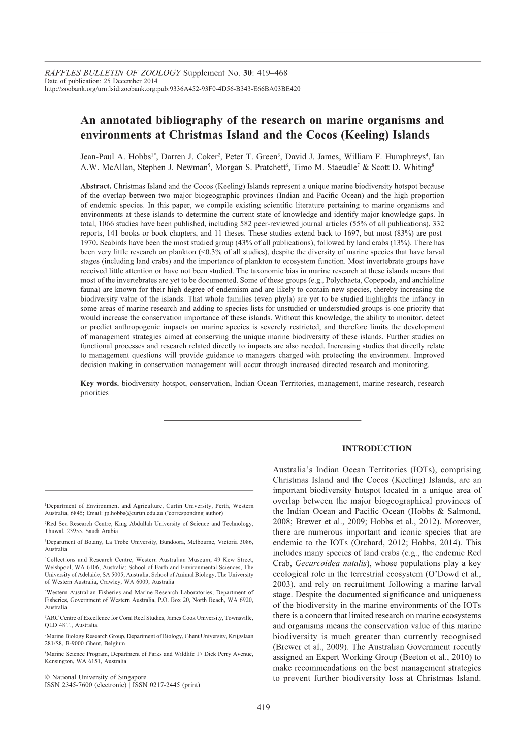 An Annotated Bibliography of the Research on Marine Organisms and Environments at Christmas Island and the Cocos (Keeling) Islands