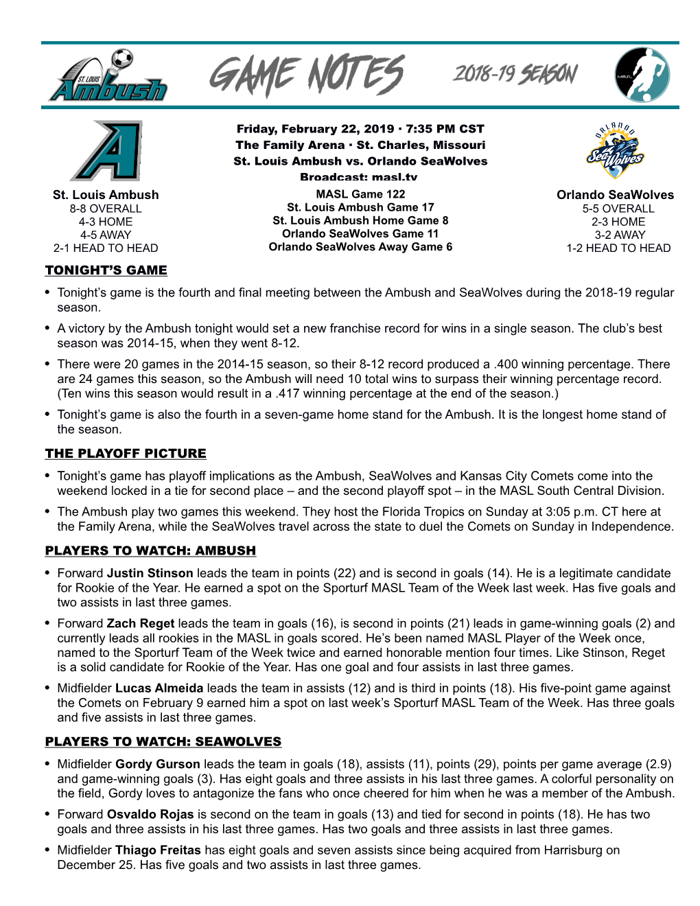 St. Louis Ambush Orlando Seawolves TONIGHT's GAME • Tonight's