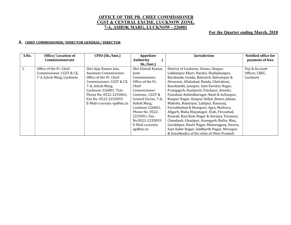 OFFICE of the PR. CHIEF COMMISSIONER CGST & CENTRAL EXCISE, LUCKNOW ZONE, 7-A, ASHOK MARG, LUCKNOW - 226001 for the Quarter Ending March, 2018