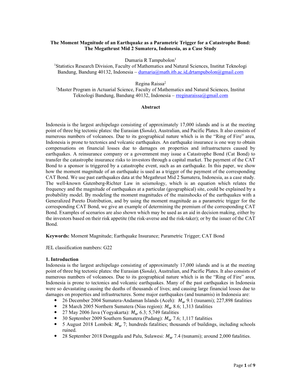 The Moment Magnitude of an Earthquake As a Parametric Trigger for a Catastrophe Bond: the Megathrust Mid 2 Sumatera, Indonesia, As a Case Study